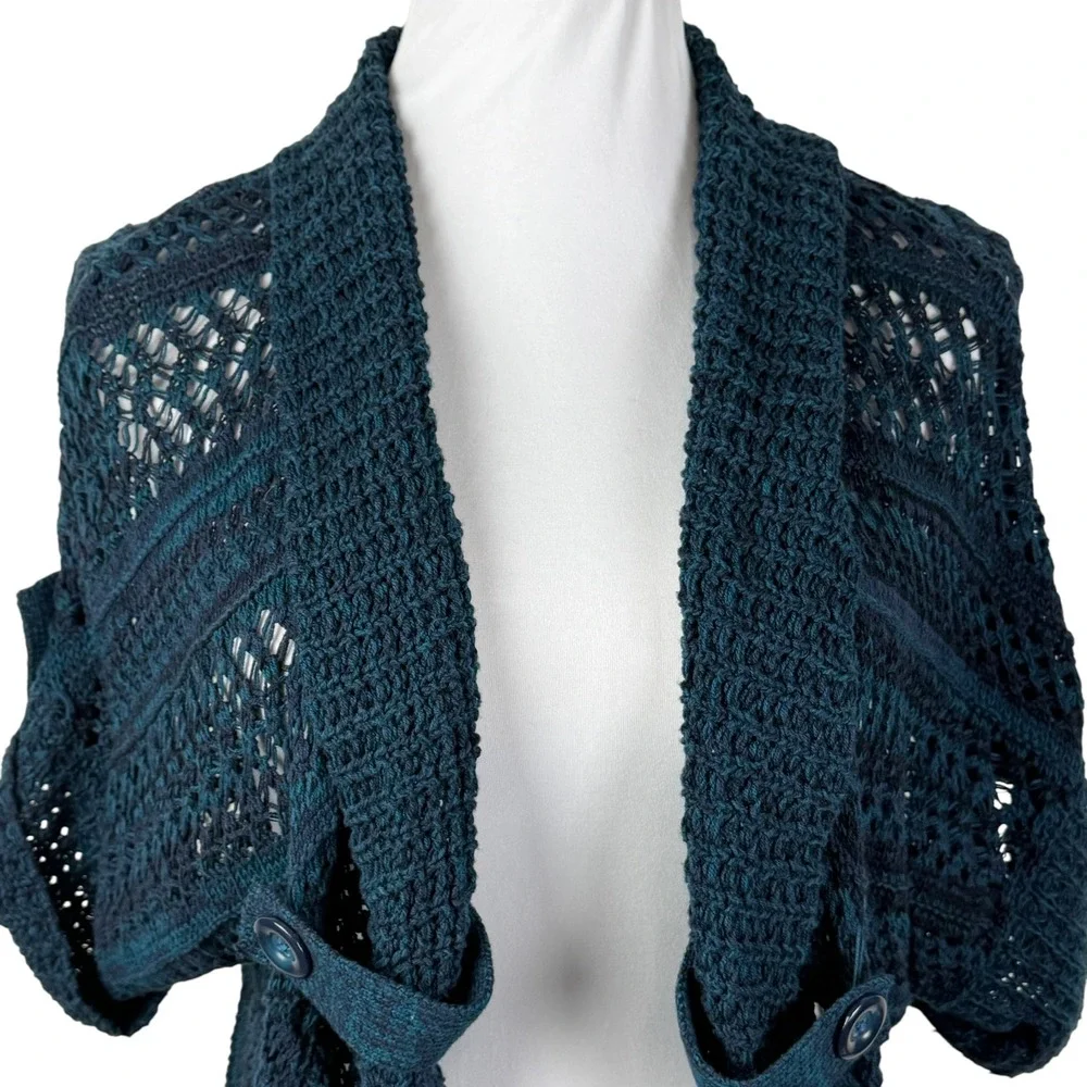 Apt 9 Teal Blue Space Dye‎ Open Knit Crochet Cardigan Button Tab Women's Large
